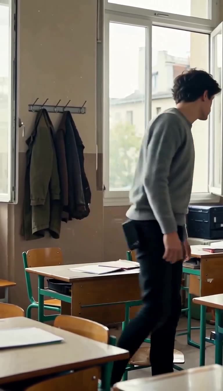 Lucas rises from his school desk and strides quietly toward the coat rack near the window