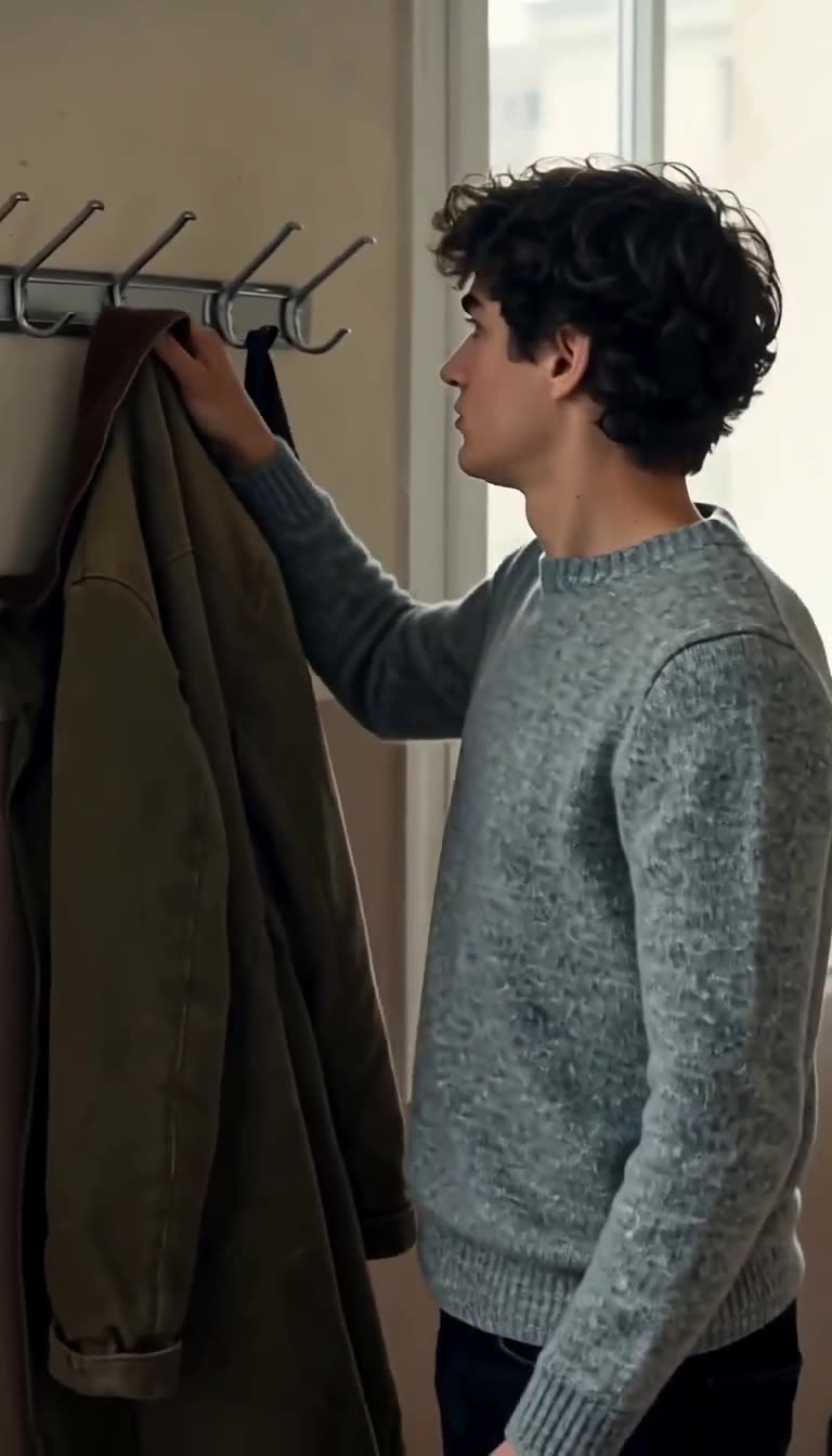 Lucas reaches up to adjust an olive coat on the wall hook, concealing a recording device