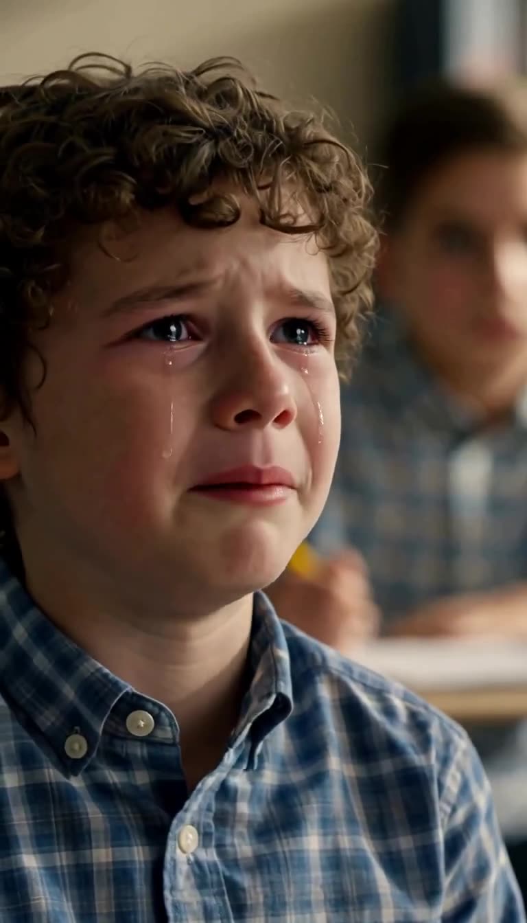 Close-up of seven-year-old Leo weeping with tears streaming down his face in the classroom