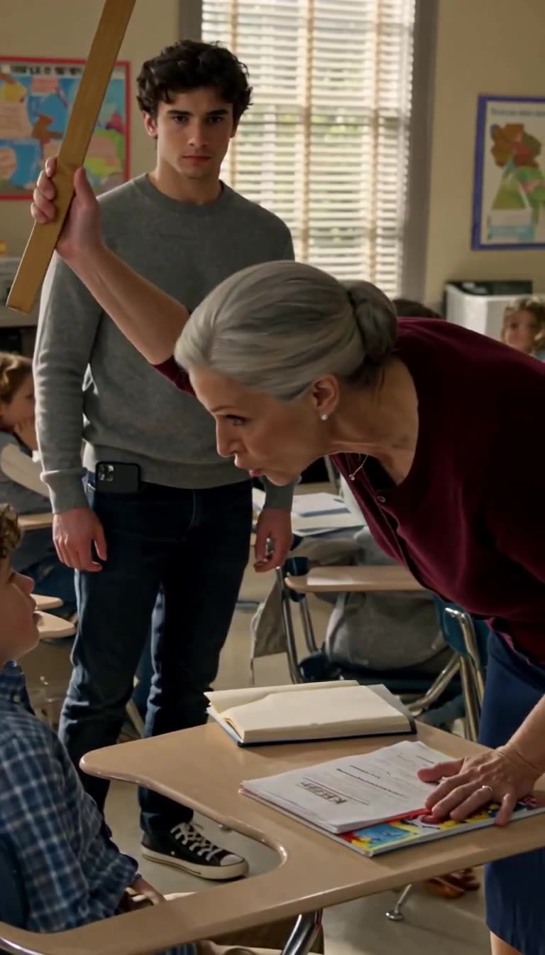 Margaret Vance raises a wooden ruler overhead toward Leo as Ethan watches intensely from behind