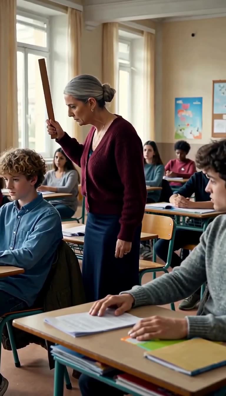 Strict teacher Catherine towering over Jules with a wooden ruler raised to strike