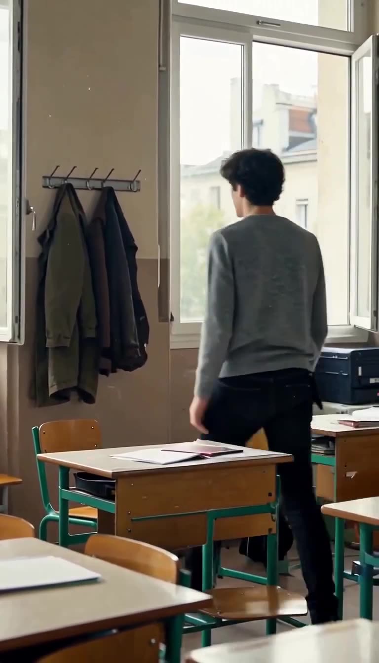 A male student walking toward the coat rack beside the window