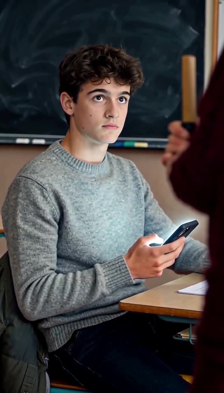 Lucas holding up his illuminated smartphone to confront the teacher