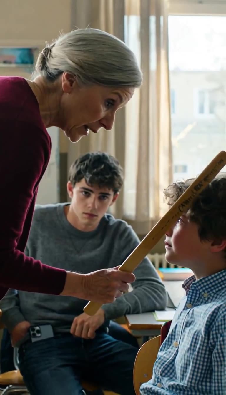 Renate Schneider beugt sich drohend über das Kind, während Mitschüler Lukas die Konfrontation aus dem Hintergrund beobachtet.