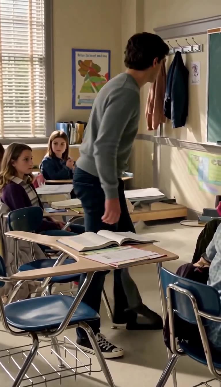 Ethan walks deliberately toward the coat rack along the sunlit classroom wall