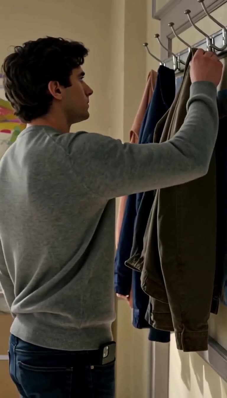 Ethan reaches up to adjust the jacket on the wall hook concealing a hidden camera