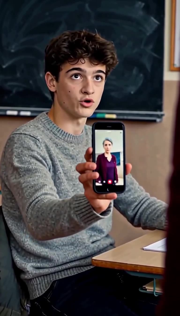 Lucas calmly holding up a smartphone showing a live broadcast of his teacher