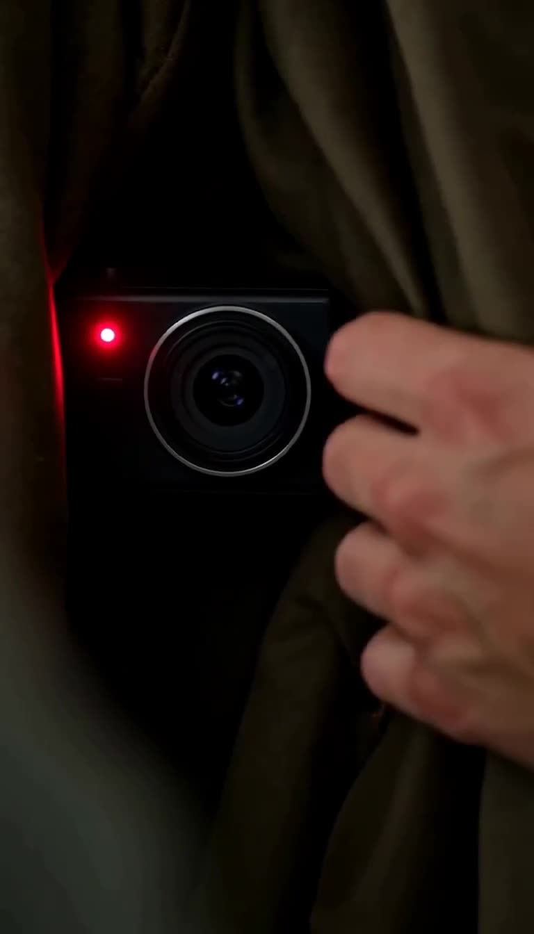 Close-up of a hidden compact camera with an active red tally light peeking from beneath clothing