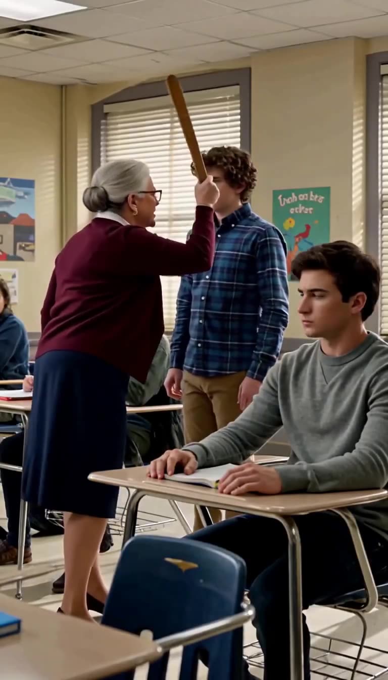 Margaret hoists a wooden ruler aggressively over Leo as Ethan observes from the front desk