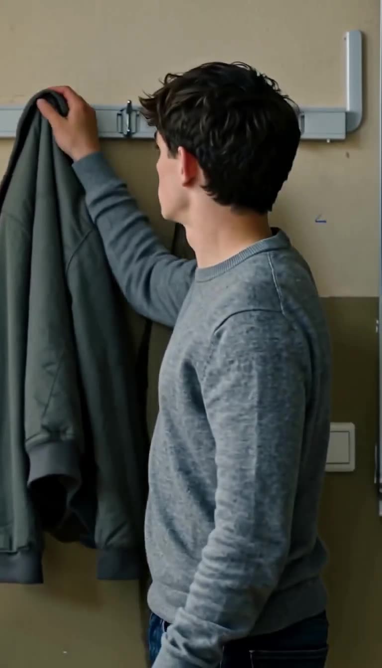 Lukas greift an der Wandgarderobe nach einer Jacke mit verborgener Kamera