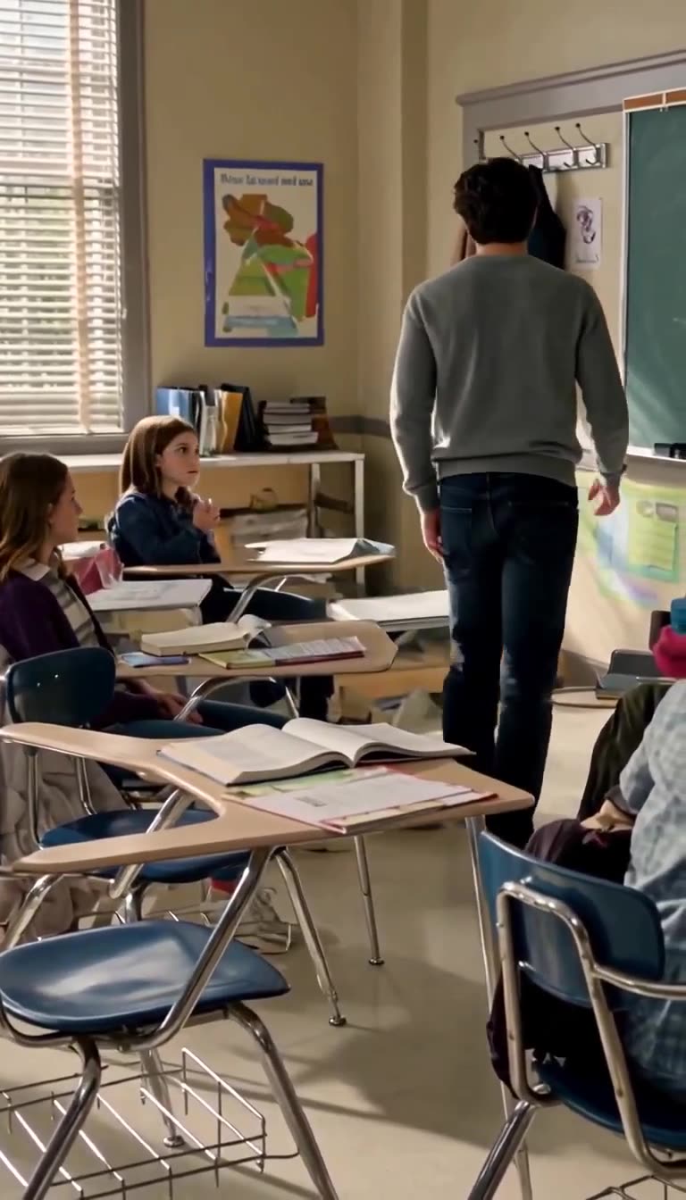 A male student walking silently past desks toward the back coat rack.