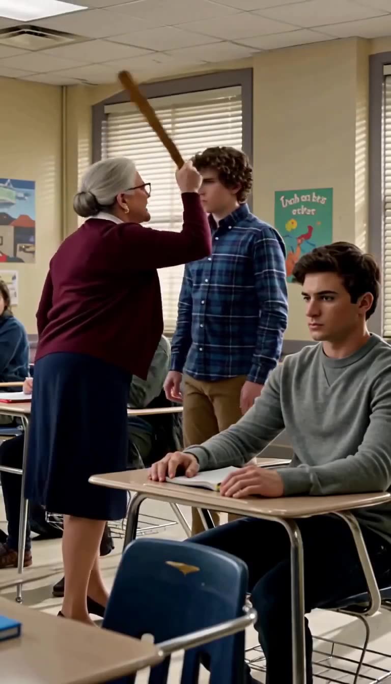An older female teacher raising a wooden ruler over an intimidated student.