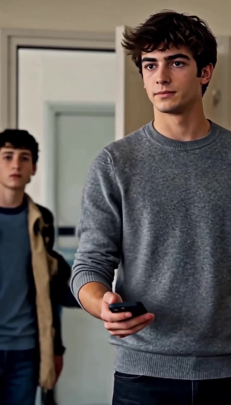 Lucas steps forward holding up his smartphone as the classroom door opens