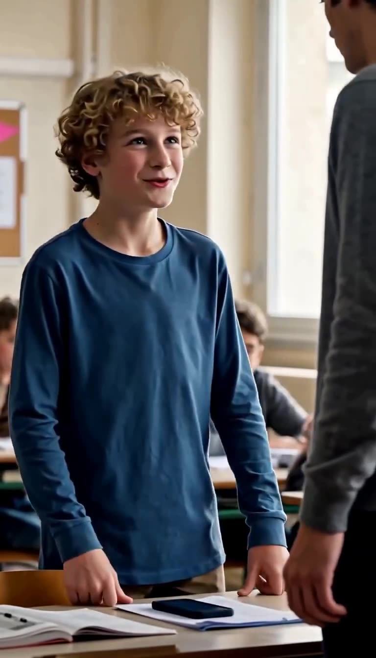 Jules smiles with relief at Lucas as the mobile phone is set down on the wooden desk