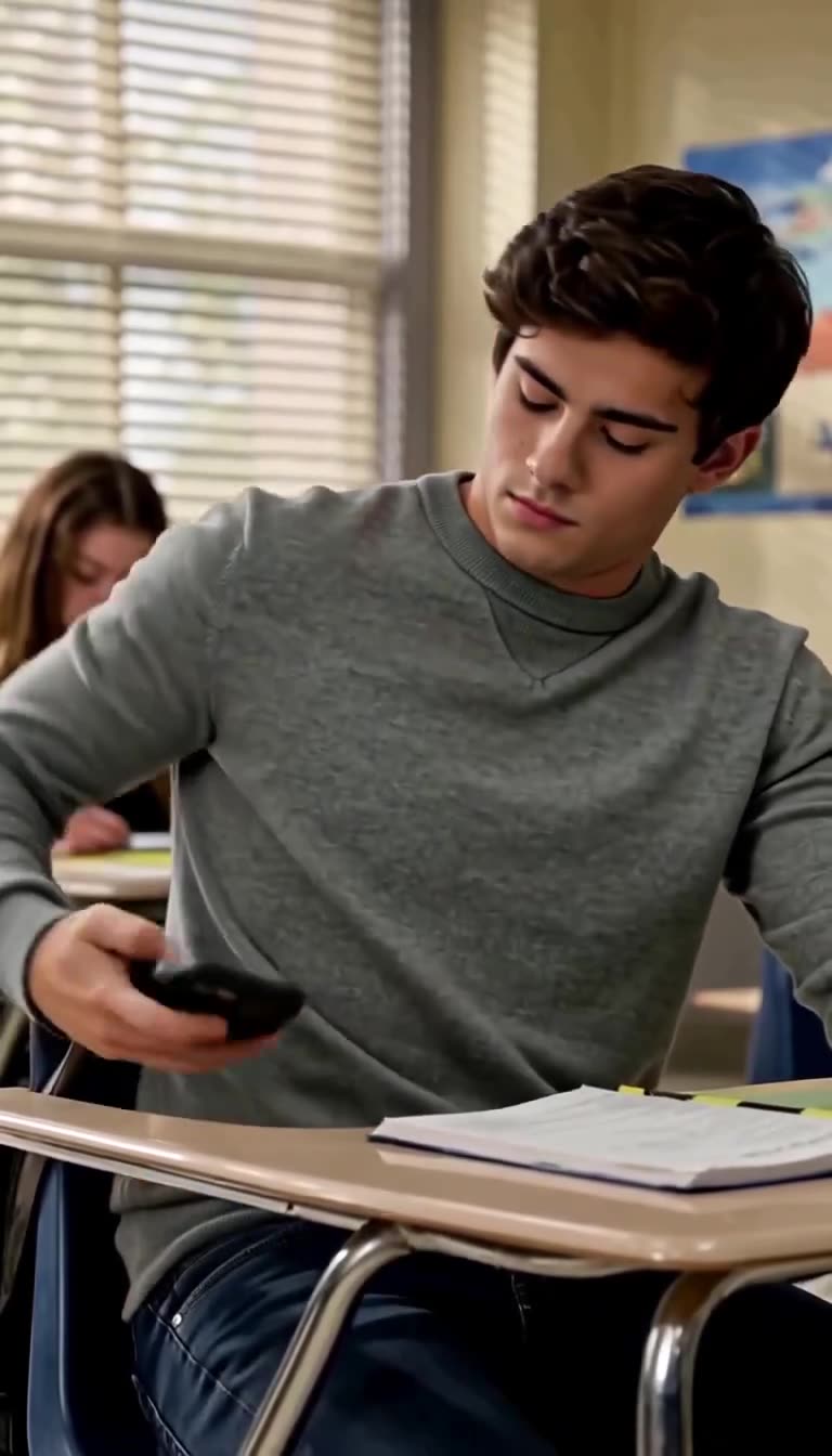 Ethan calmly draws a smartphone from his pocket while sitting at his desk.