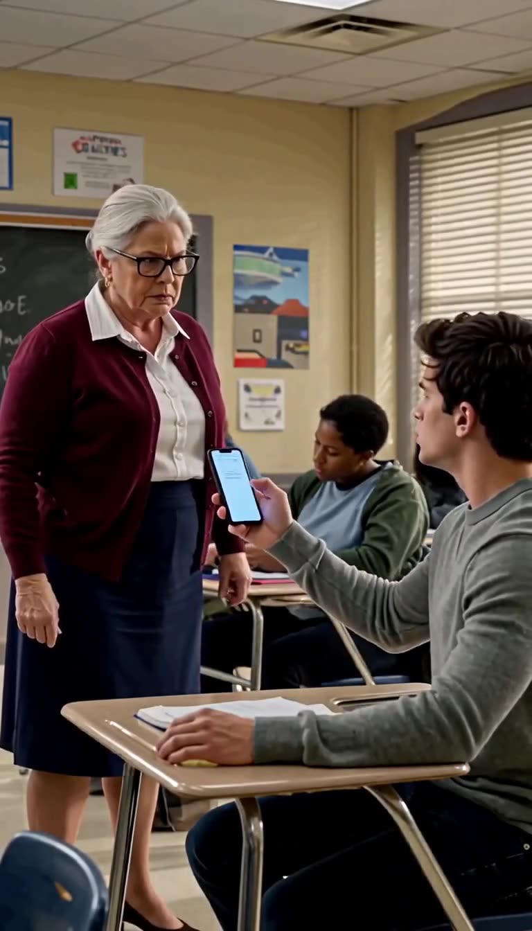 Ethan holds up a glowing smartphone screen directly confronting teacher Margaret.