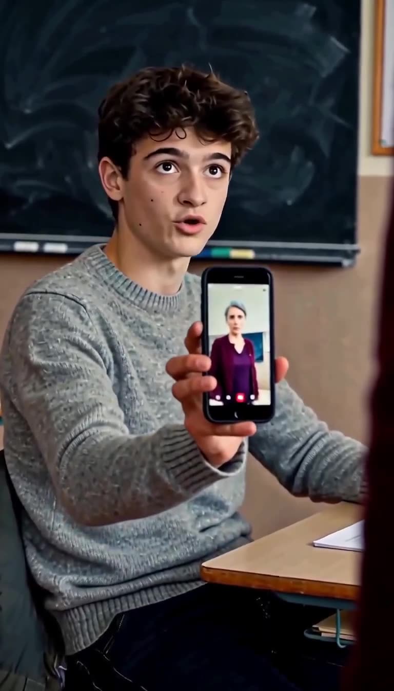 The student holds up a smartphone displaying a video recording of the strict teacher.