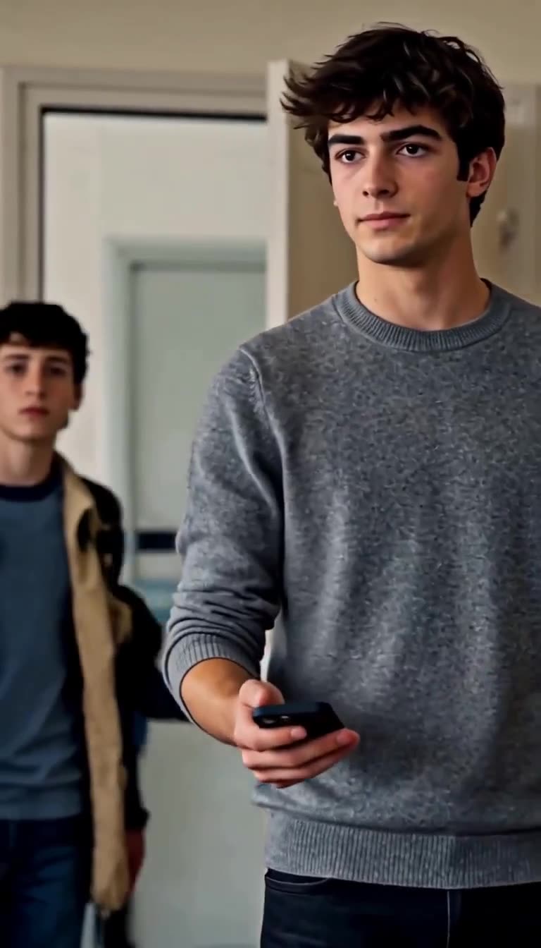 The resolute student leads the younger boy out into the school hallway holding his phone.