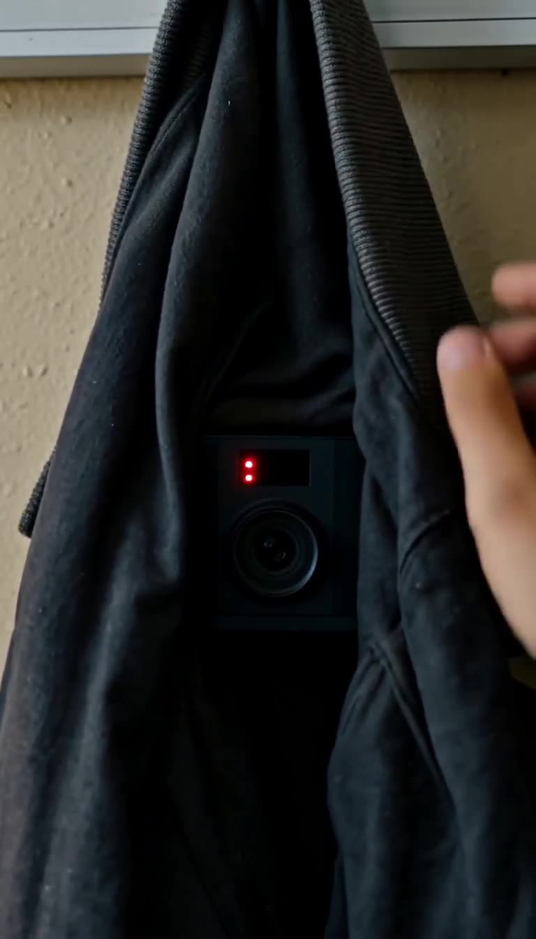 Nahaufnahme einer versteckten Minikamera mit rot blinkender LED unter dem Jackenstoff.