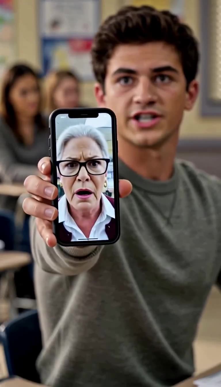 Ethan holds up his smartphone displaying a live video broadcast of Margaret