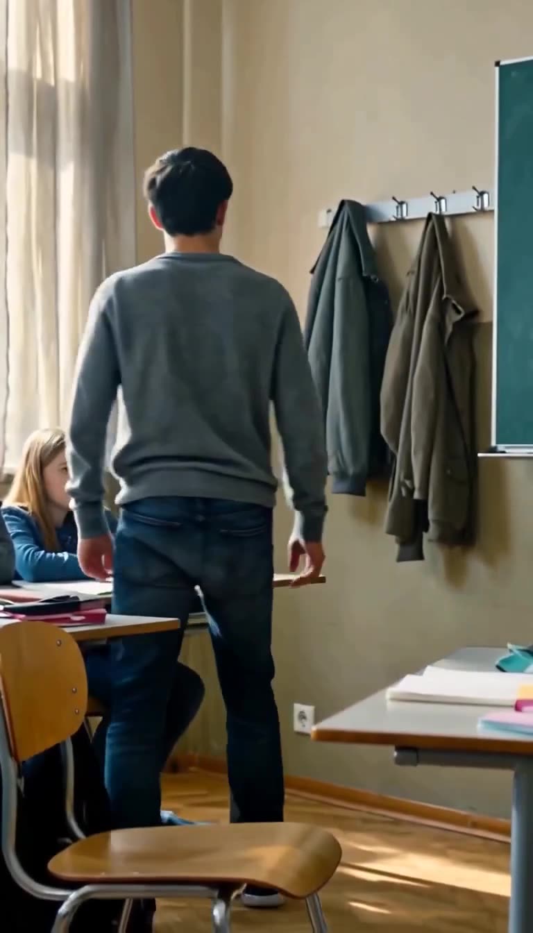 Ein Schüler geht unbemerkt zur Wandgarderobe im hinteren Teil des Klassenzimmers.