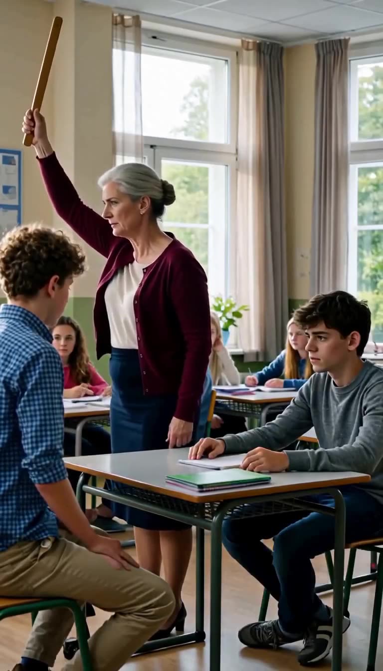 Frau Wagner hält drohend ein Holzlineal über den sitzenden Jonas, während ein Mitschüler die Szene beobachtet.
