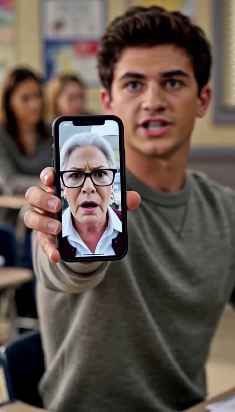 The student extends his phone toward the front, displaying a shocked school official watching live on the screen.