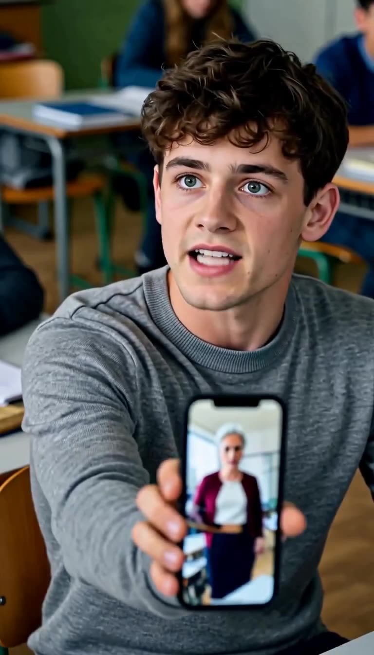 Lukas hält der Lehrerin sein Smartphone mit der Live-Übertragung entgegen
