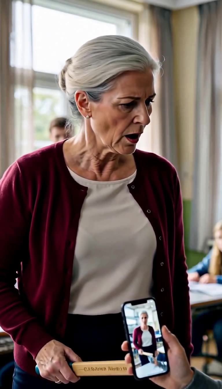Renate blickt fassungslos auf das Smartphone-Display mit der laufenden Aufnahme