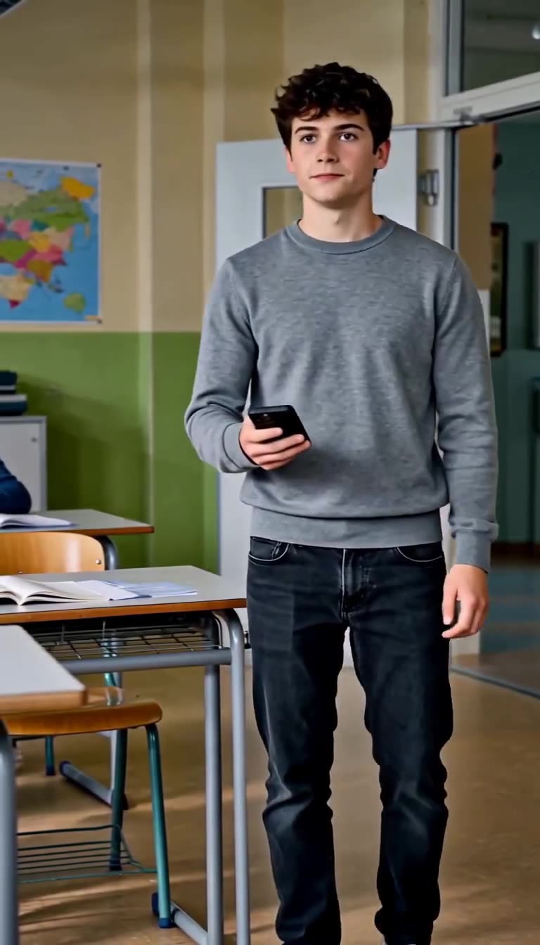 Lukas steht mit dem Smartphone in der Hand im Raum, als sich die Schultür öffnet.