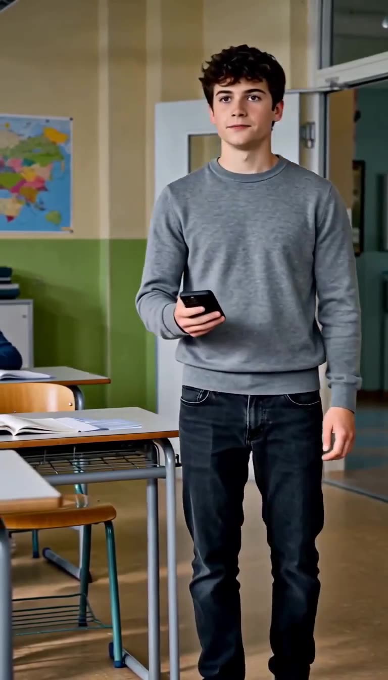 Aufrecht und entschlossen steht der Schüler mit seinem Telefon mitten im Raum.