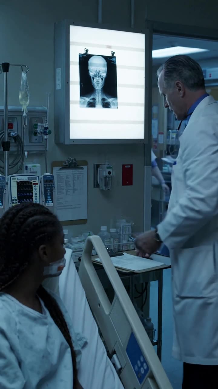 The physician hangs the X-ray on the wall lightbox while Marcus turns toward Lily.