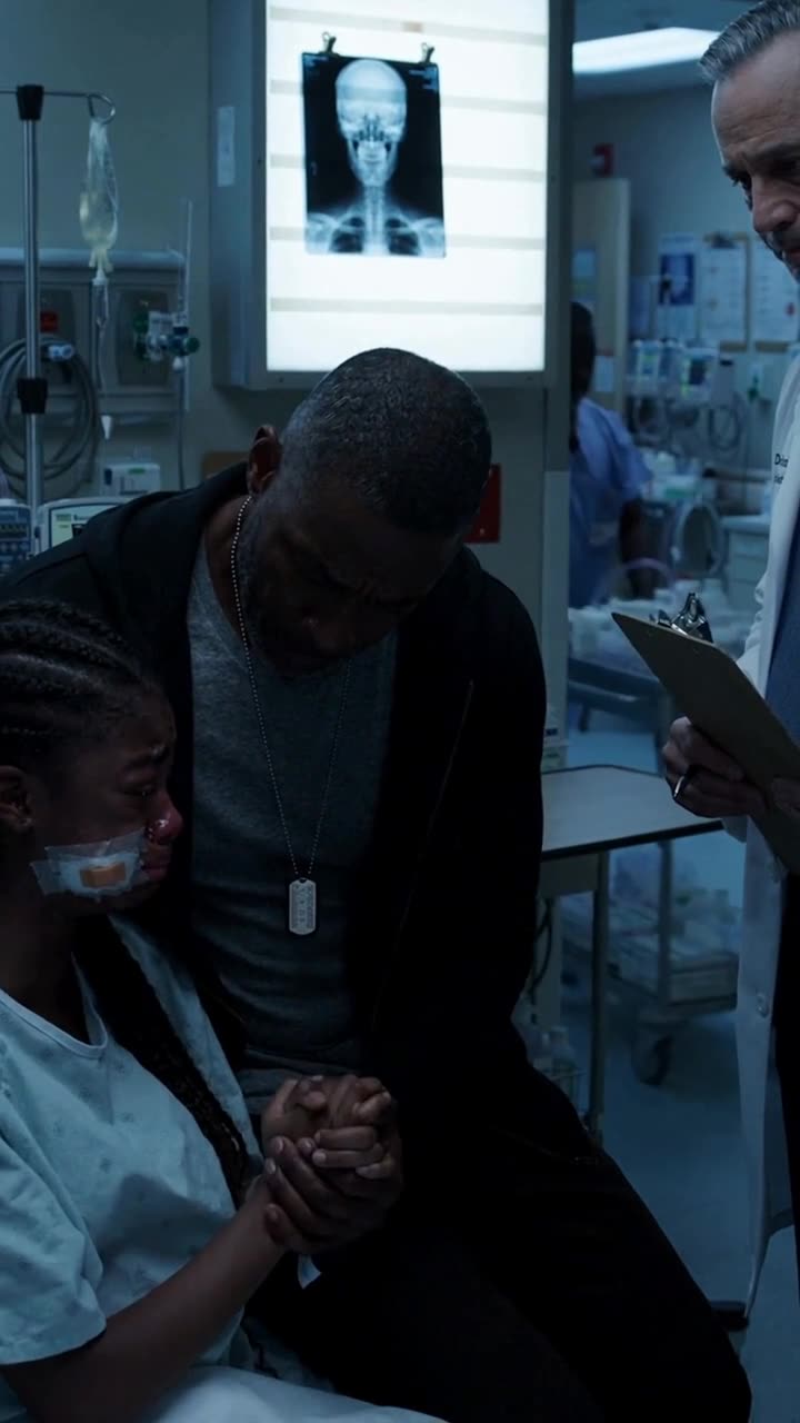 Marcus holds the injured girl's hands tightly while promising retribution as the doctor looks on.