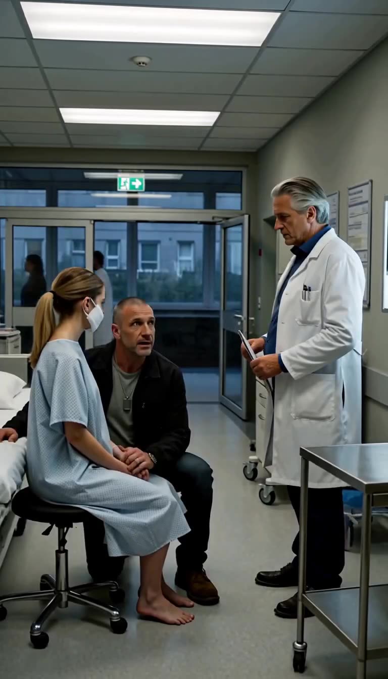 Markus kniet vor der bandagierten Lilly nieder und umfasst ihre Hand unter dem wachsamen Blick von Dr. Becker.