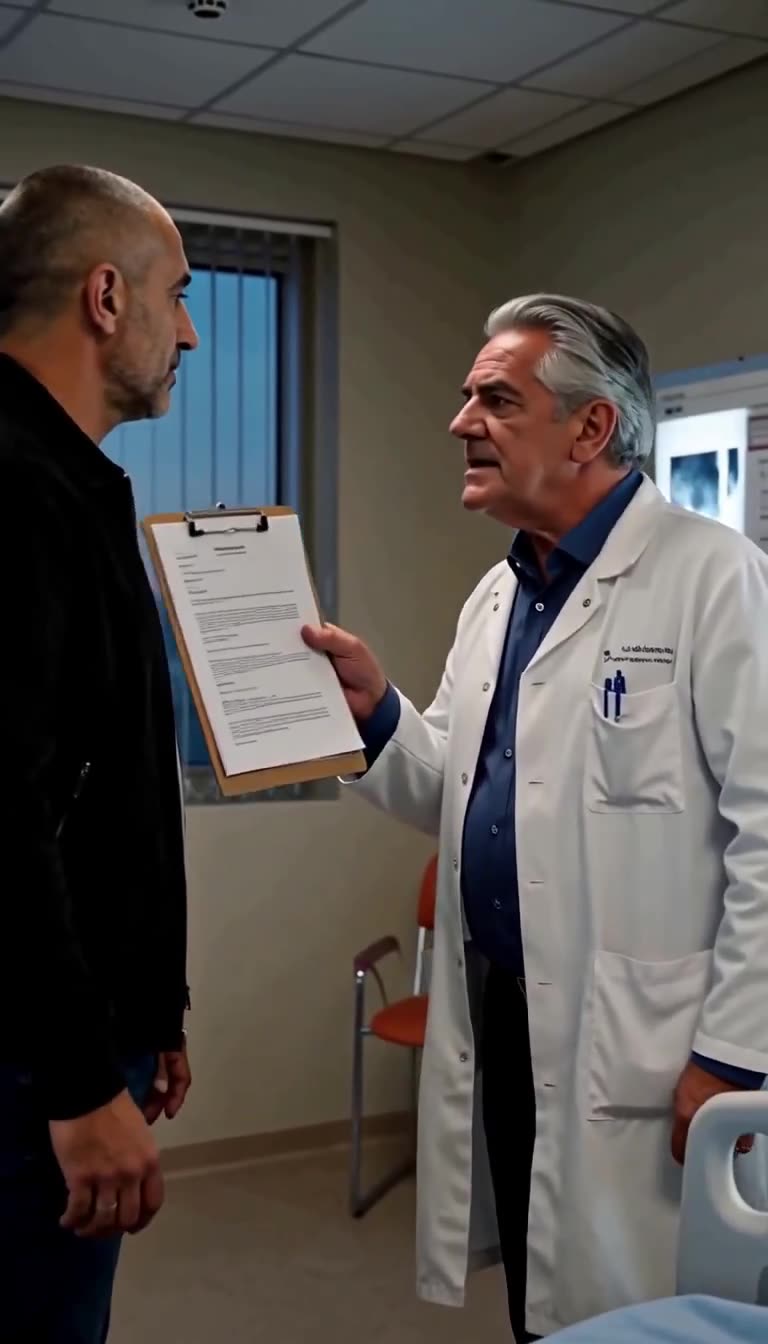 Dr. Vincent points an official clipboard aggressively at Thomas during a tense bedside standoff