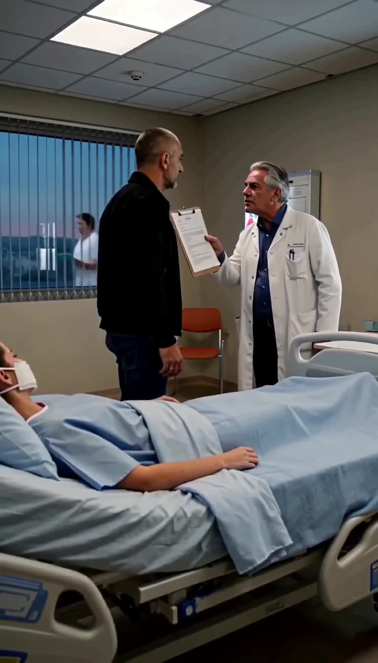 Daniel confronting a senior doctor holding a medical clipboard in the hospital room