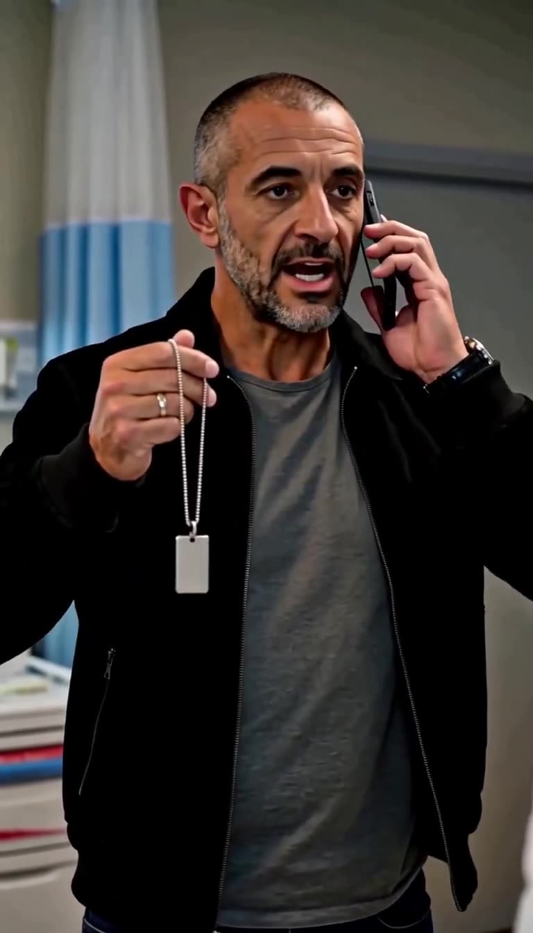 Thomas speaks into his smartphone while clutching the military pendant