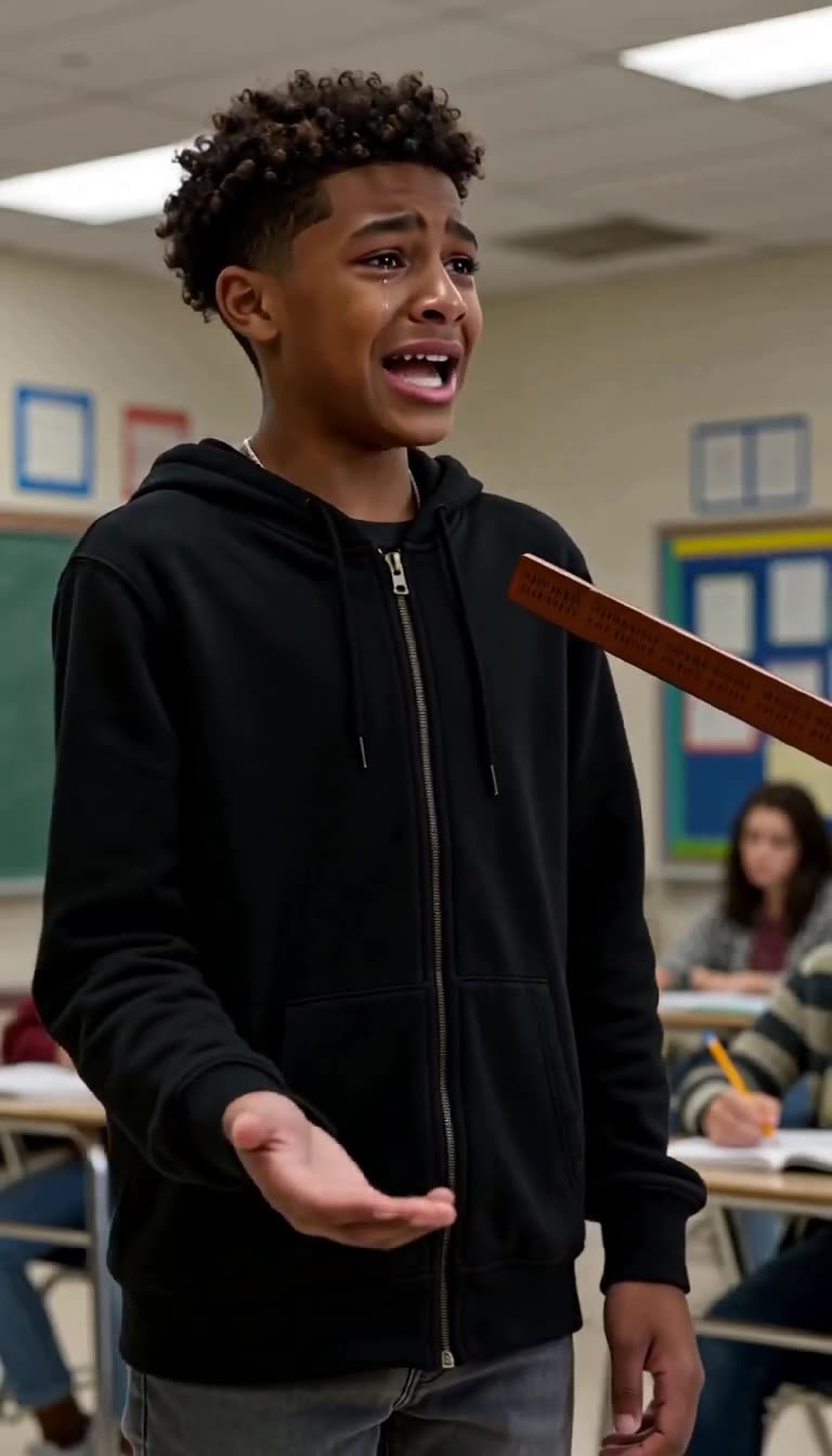 A tearful schoolboy extends his trembling hand outward while weeping during a tense confrontation.