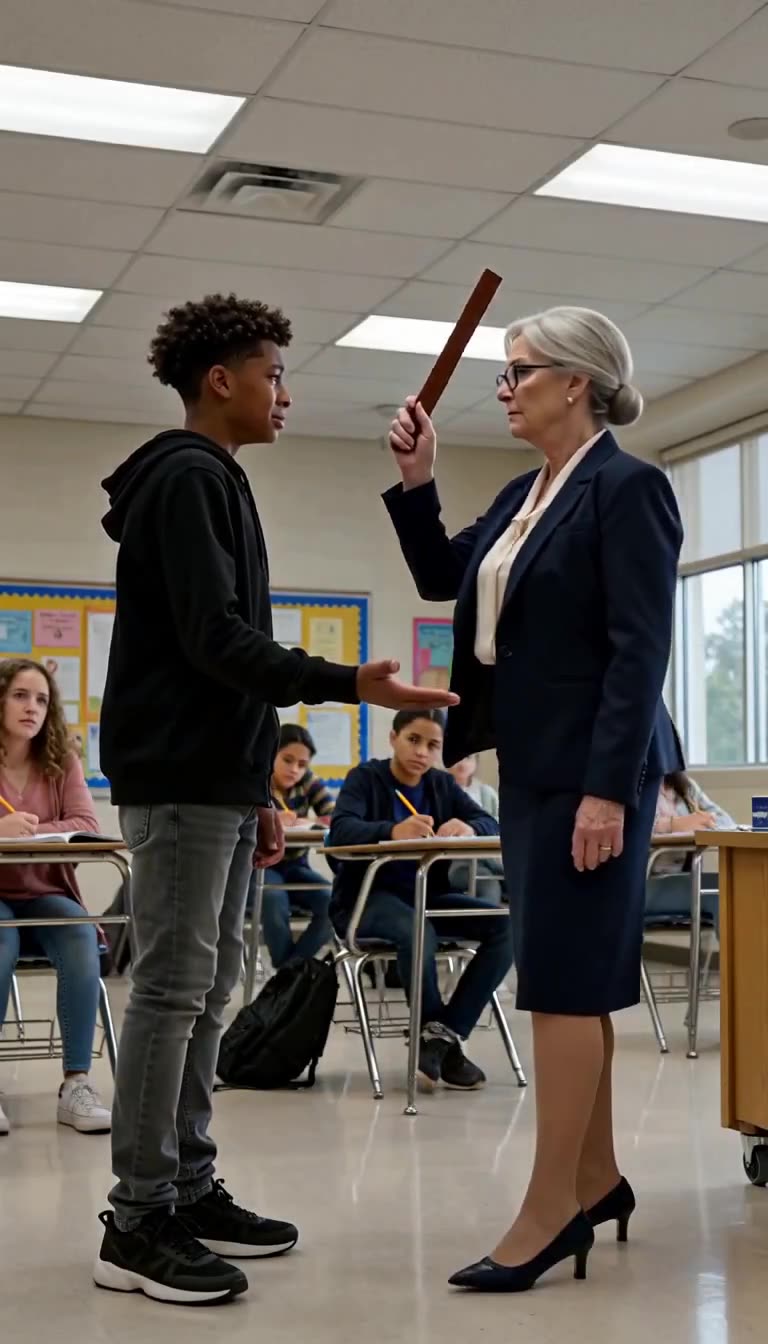 A teacher raises a wooden ruler overhead, preparing to strike a crying student's outstretched hand.