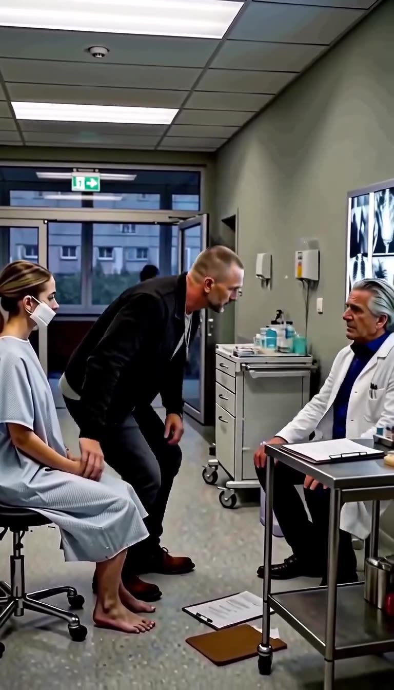 Dr. Becker sitzt eingeschüchtert auf dem Stuhl, während Markus Lillys Hand ergreift und den Arzt fixiert.