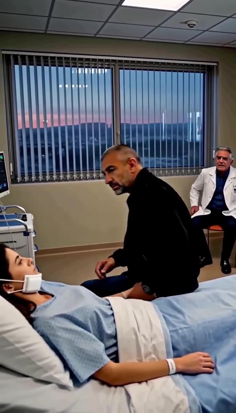 Dr. Vincent sits defeated in the background as Thomas tenderly holds Léa's hand beside her bed.