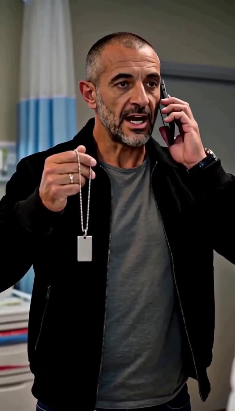 A retired operative holding military dog tags while making an urgent call
