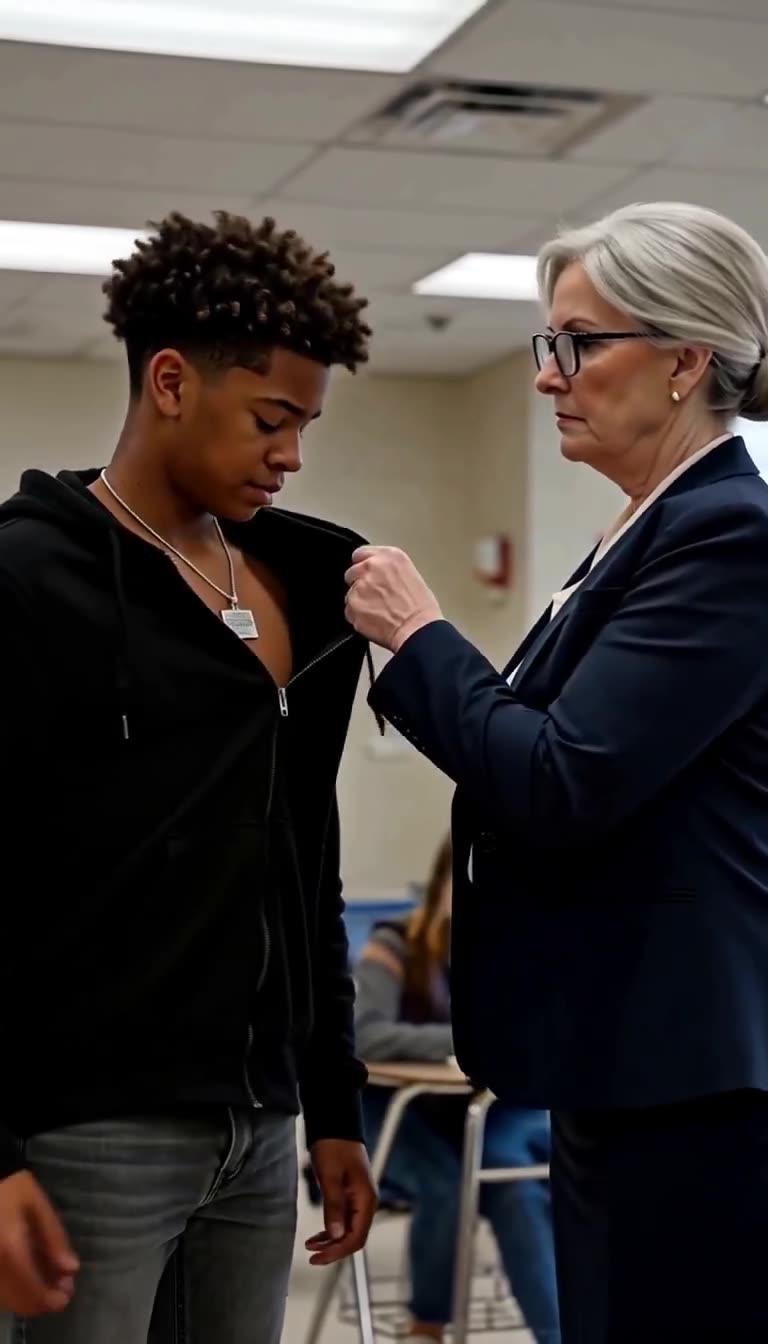 Brenda yanks open Marcus's hoodie collar, exposing the engraved steel pendant.