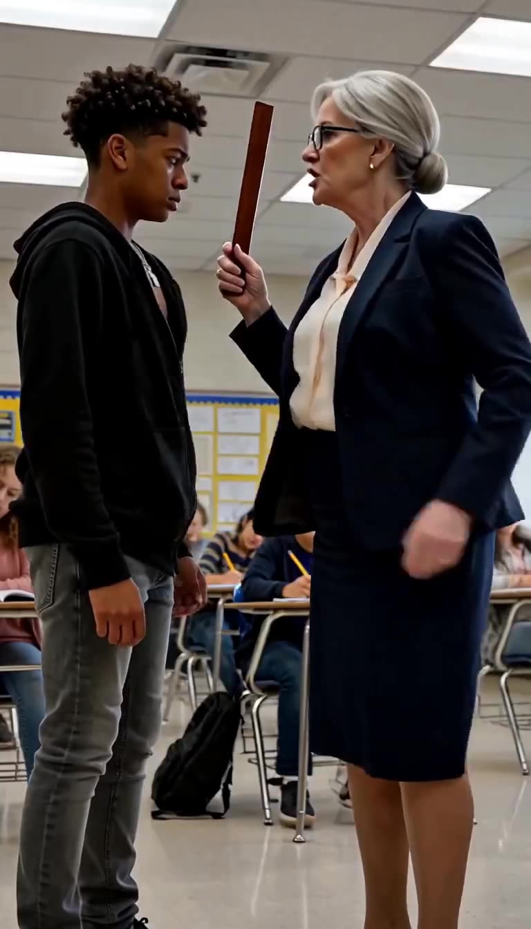 Brenda glares furiously and brandishes the ruler after discovering the superintendent's name.