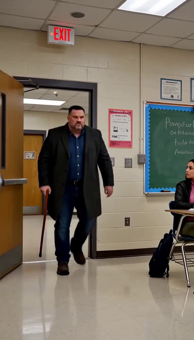 A stocky man named David carrying a cane aggressively enters the classroom through open doors
