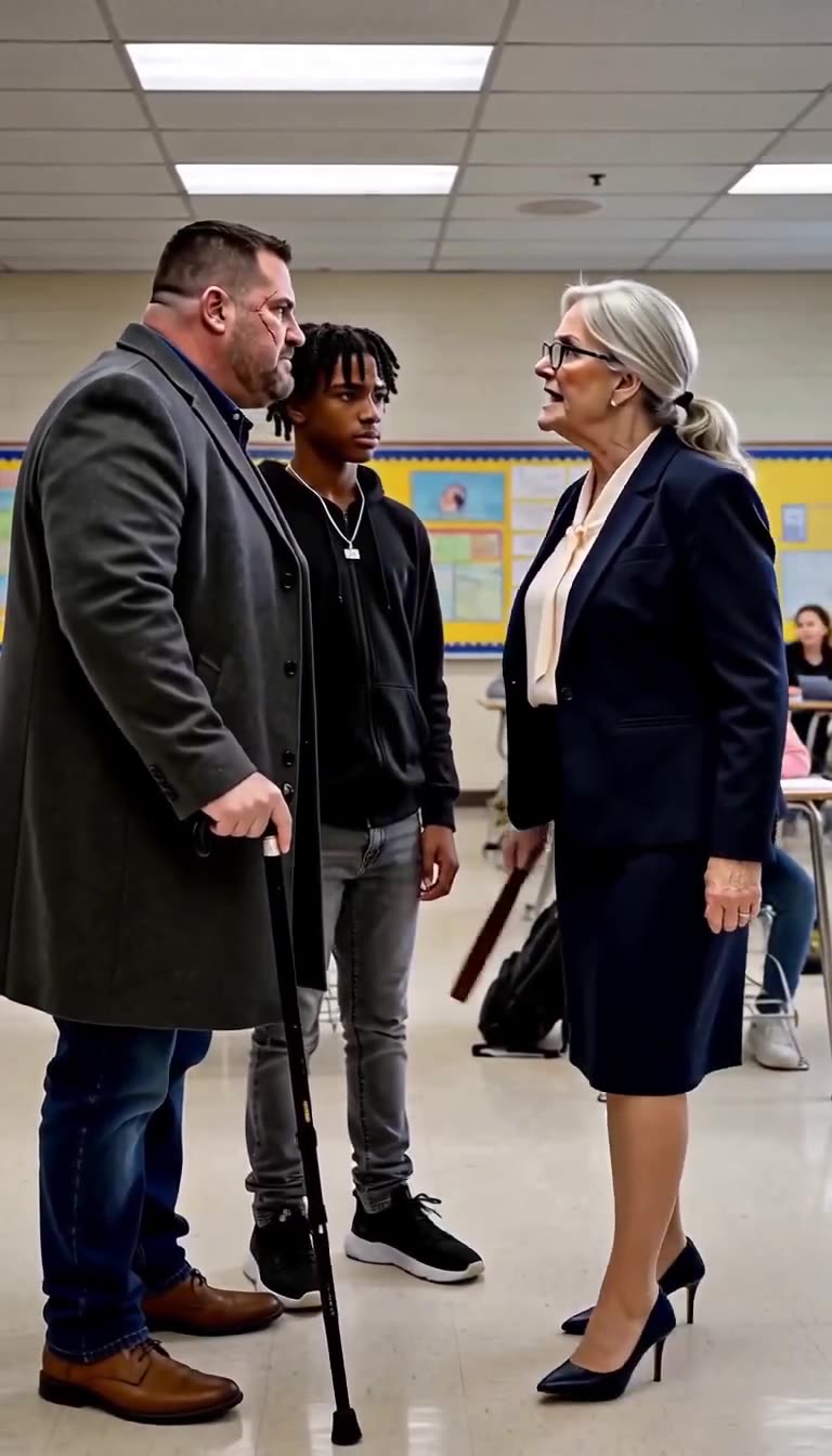 Brenda pointing her wooden ruler toward the door while demanding David leave the classroom