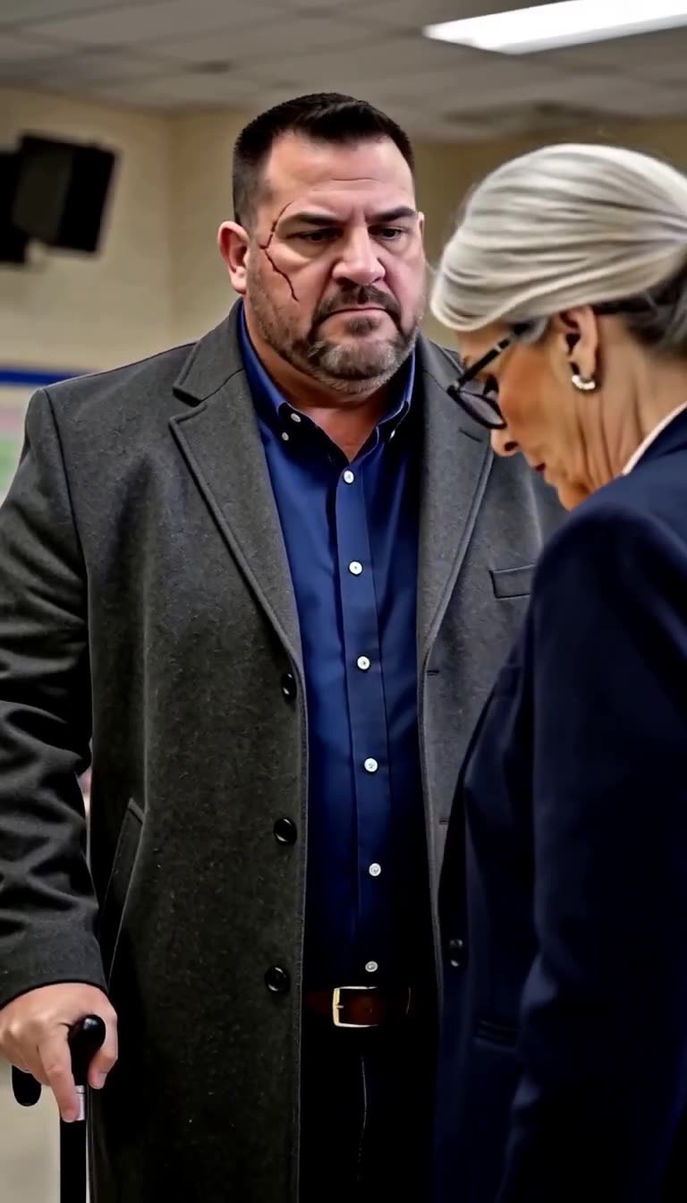 David stares down Brenda as she hangs her head in defeated silence.