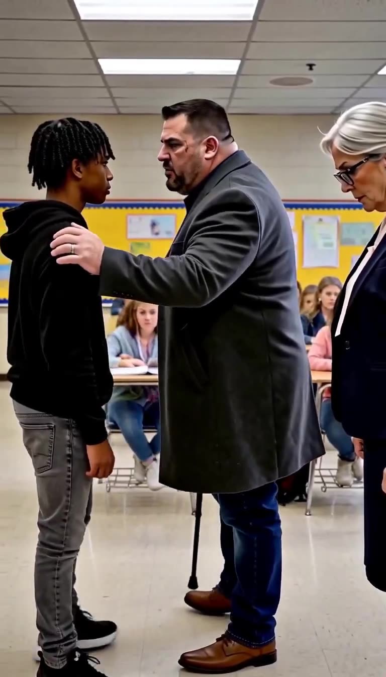 David gently places his hand on Marcus's shoulder to lead him out of the classroom.
