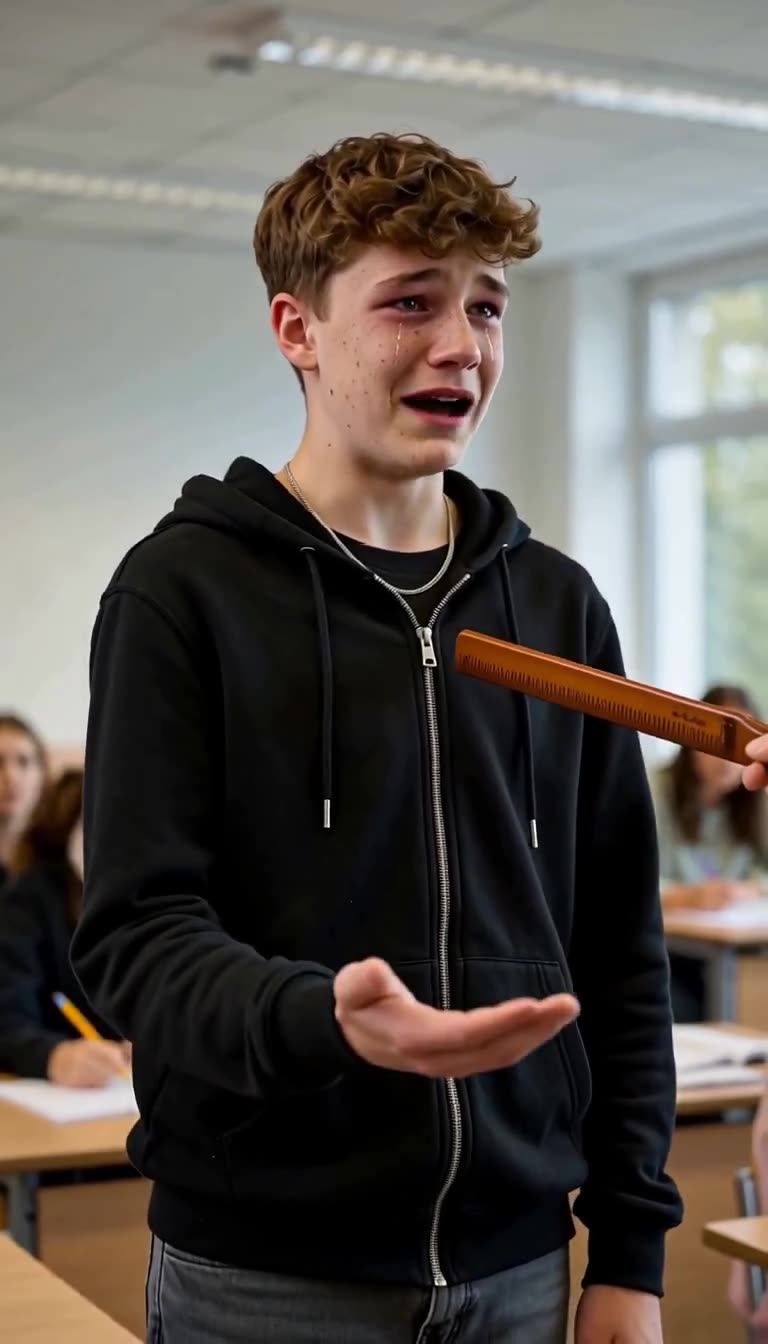 Der weinende Jonas streckt mit Tränen im Gesicht die offene Handfläche aus.