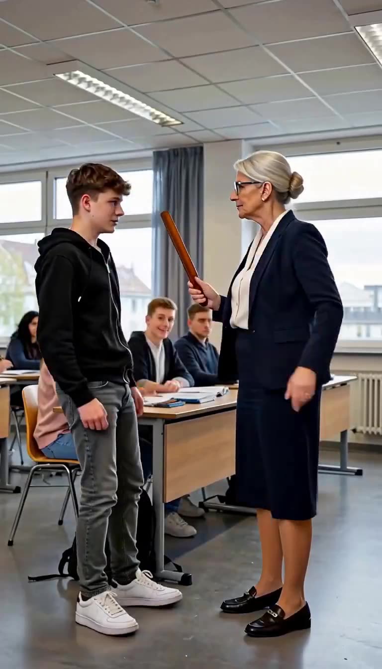 Renate hält das Holzlineal drohend erhoben, während Jonas ihr gefasst gegenübersteht.